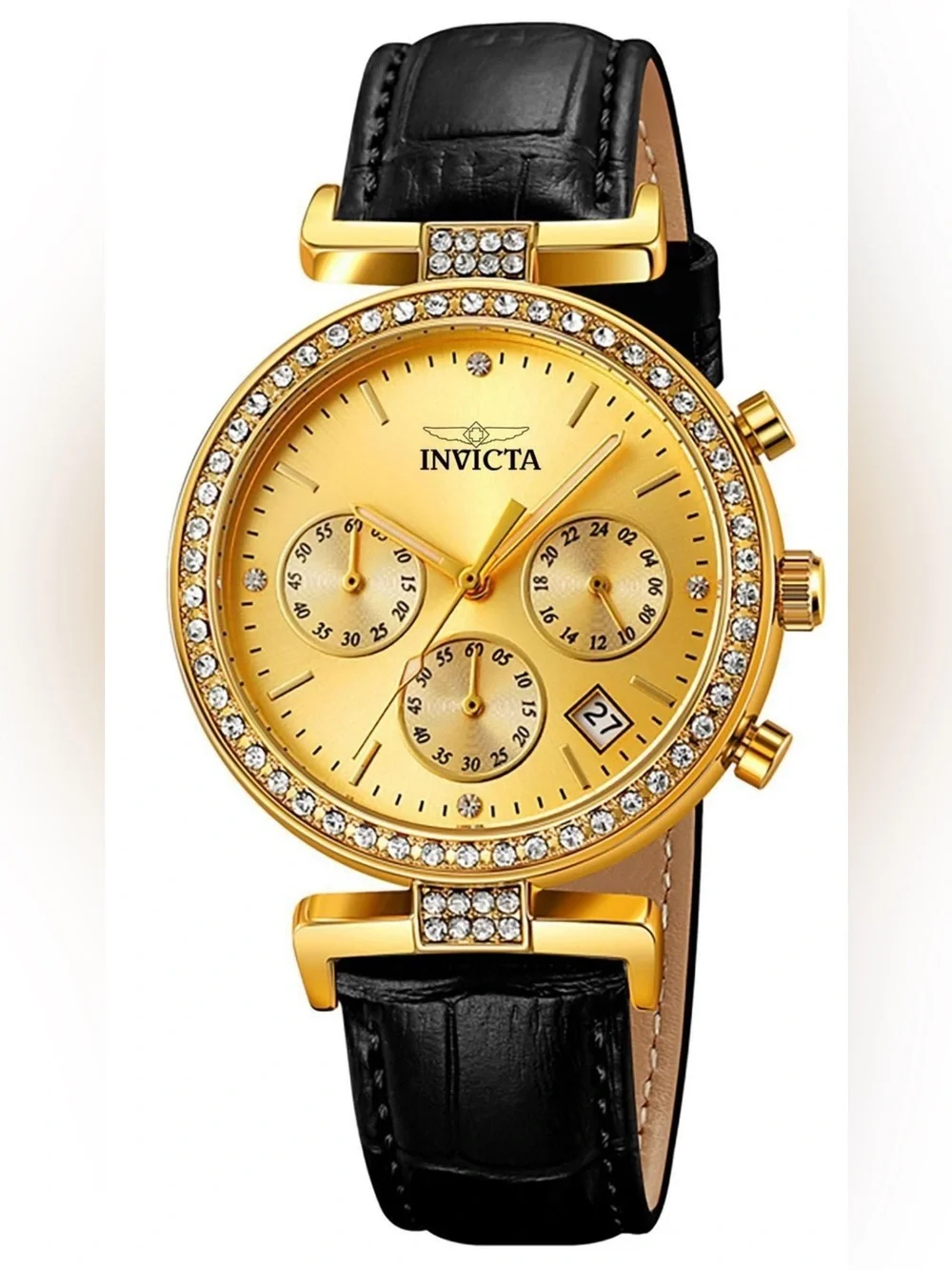 Invicta Celestial Gold Crystal Chronograph Women's Watch with Black Strap 38mm